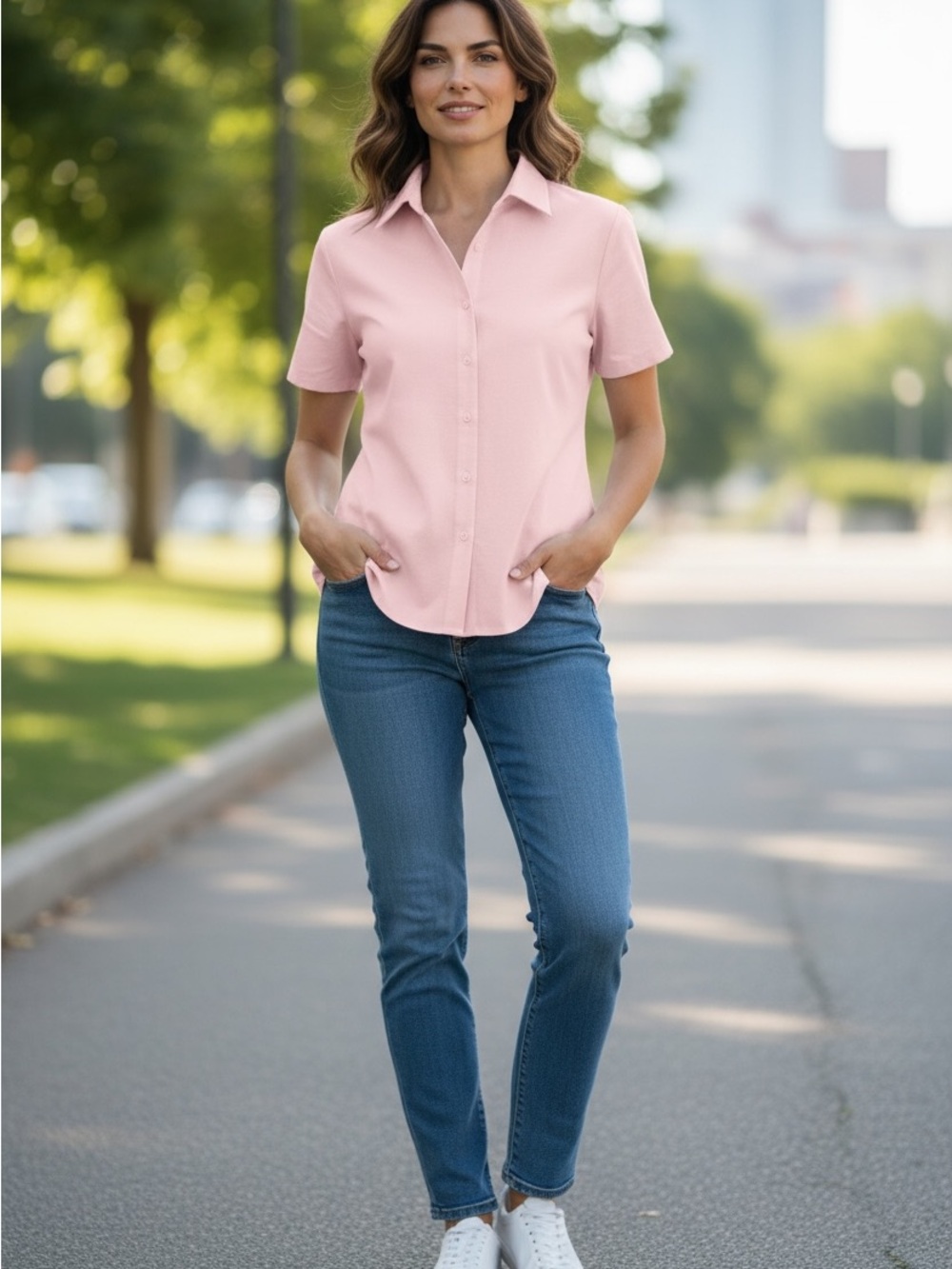 Numi Rosie Short-Sleeve Button-Up Blouse in Blush Size Large